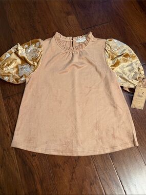Peach Velvet Blouse with Gold Brocade Puff Sleeves